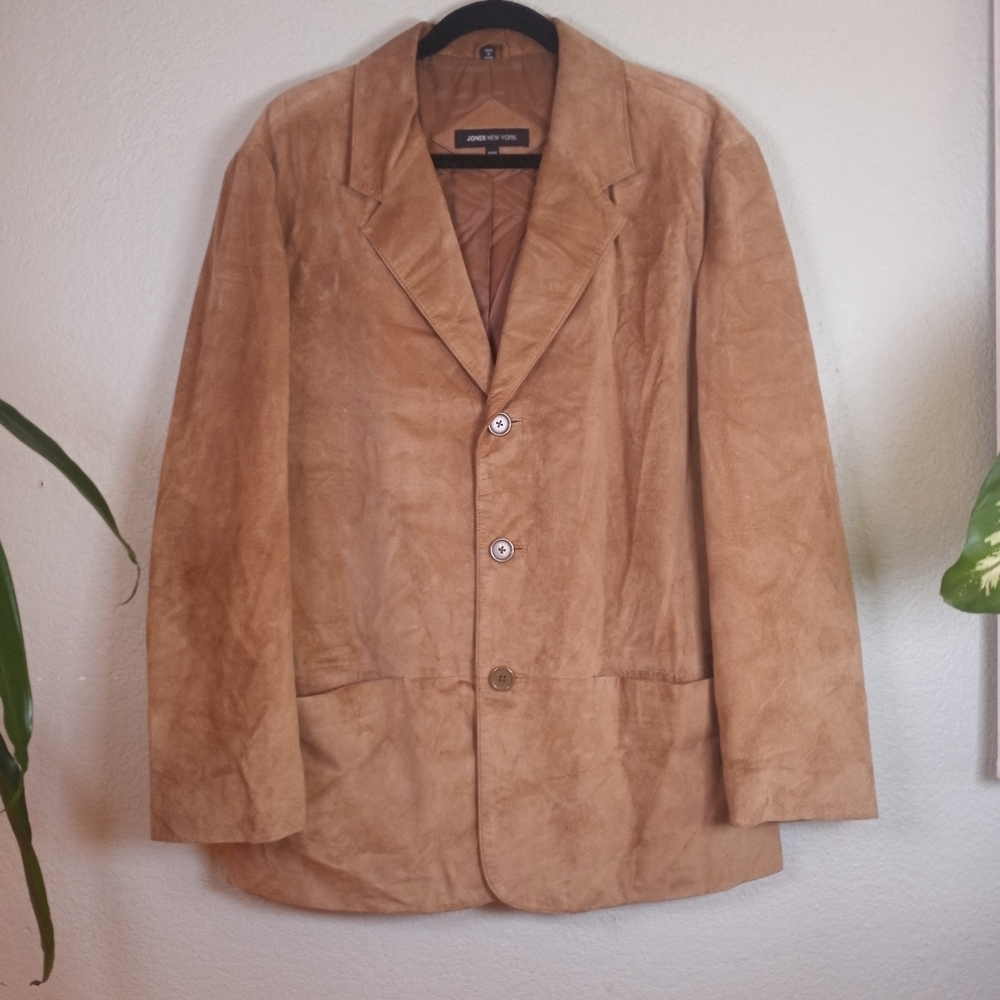 Jones New York Vintage Tan Suede Lined Bohemian Retro 90s Casual Leather Blazer